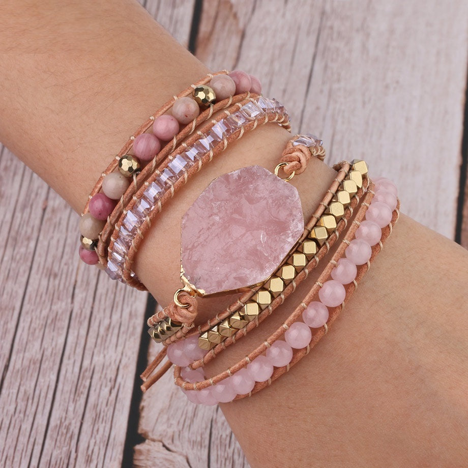Natural Stone Bracelet Quartz Leather Wrap Bracelets For Women Rose Gems Beads Jewelry 5 Strand
