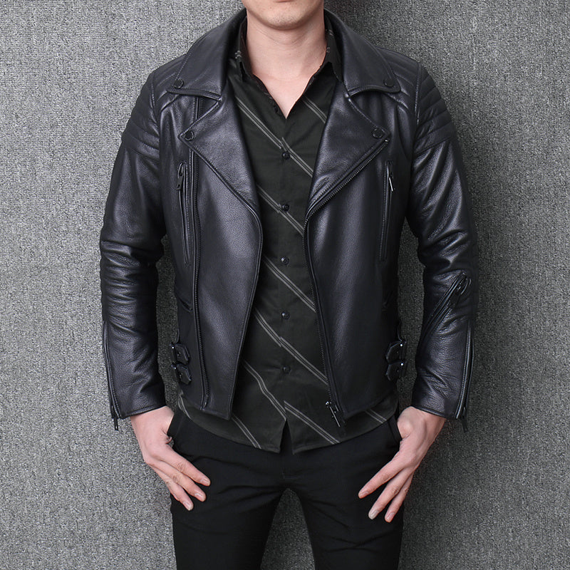 Handmade Fashion Men's Leather Diagonal Zipper Jacket