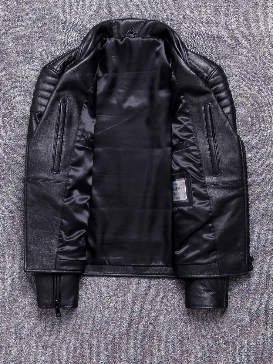Handmade Lapel Diagonal Zipper Top Layer Cowhide Leather Leather Jacket