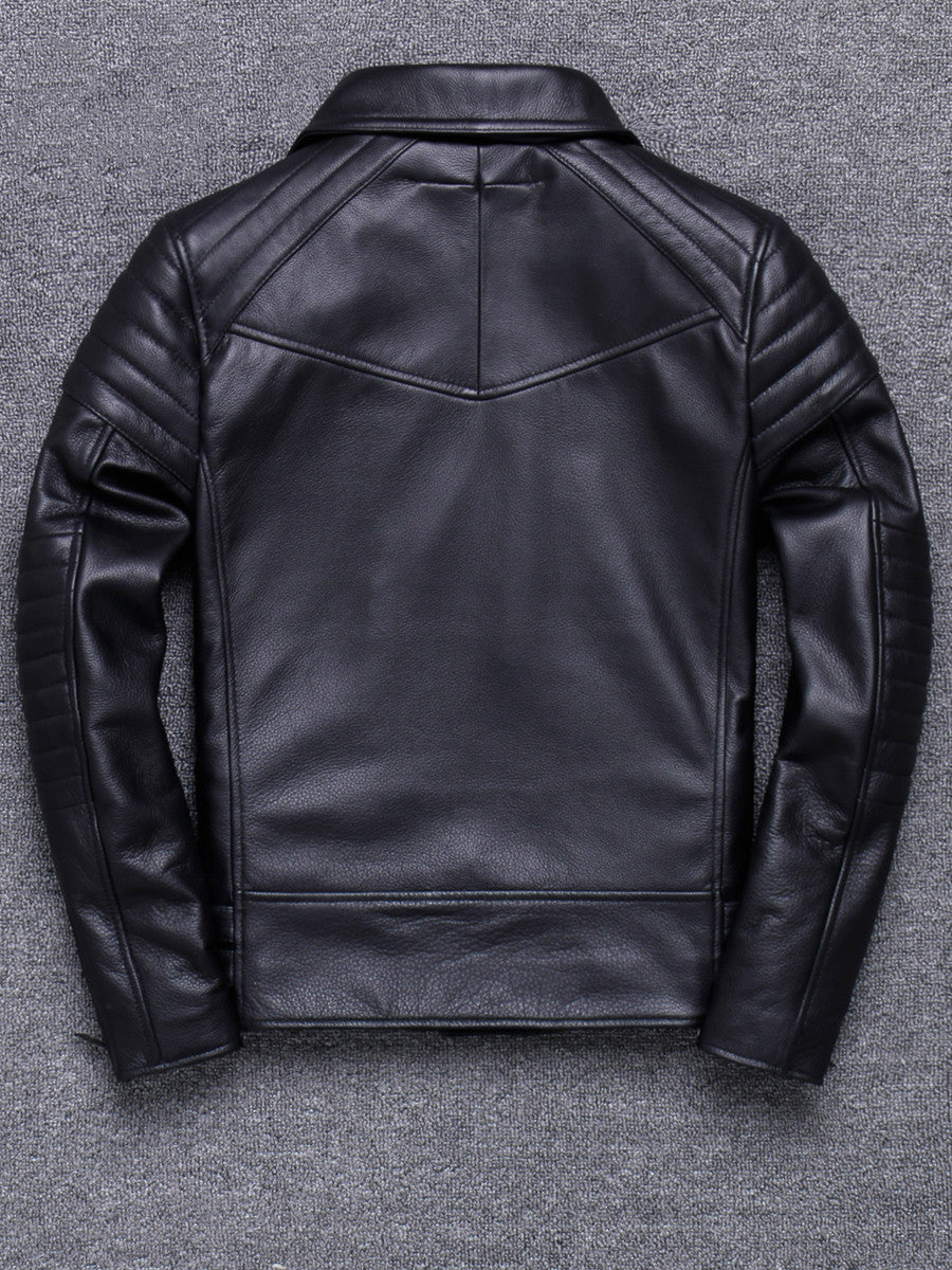 Handmade Lapel Diagonal Zipper Top Layer Cowhide Leather Leather Jacket