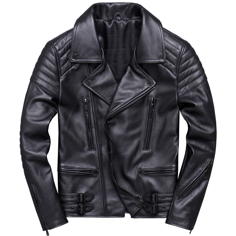 Handmade Lapel Diagonal Zipper Top Layer Cowhide Leather Leather Jacket