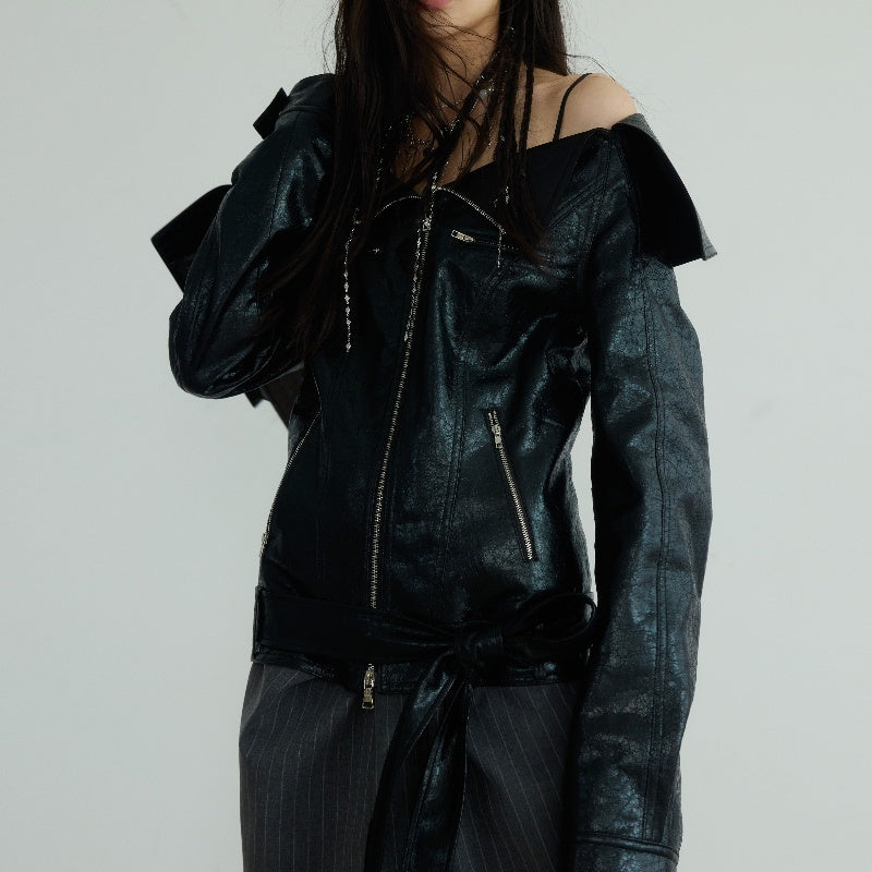Handmade Large Lapel Off-shoulder Chapped Leather Narrow Jacket