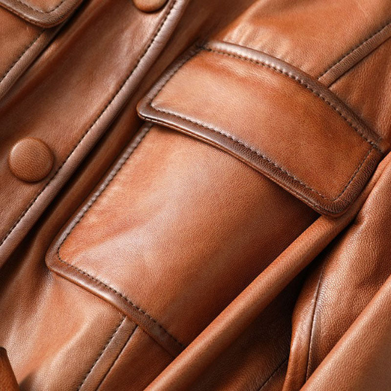 Handmade Stylish Sheepskin Leather coat Leather Belt Looks Thin
