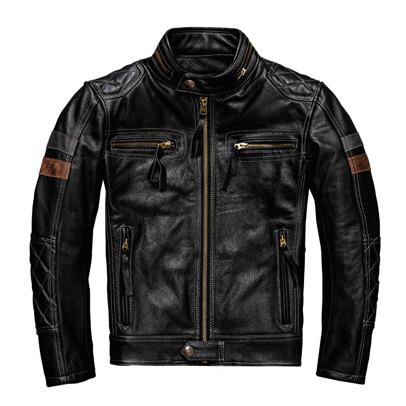 Handmade First Layer Cowhide Leather Coat Men's Stand Collar Motorcycle Cycling Clothing
