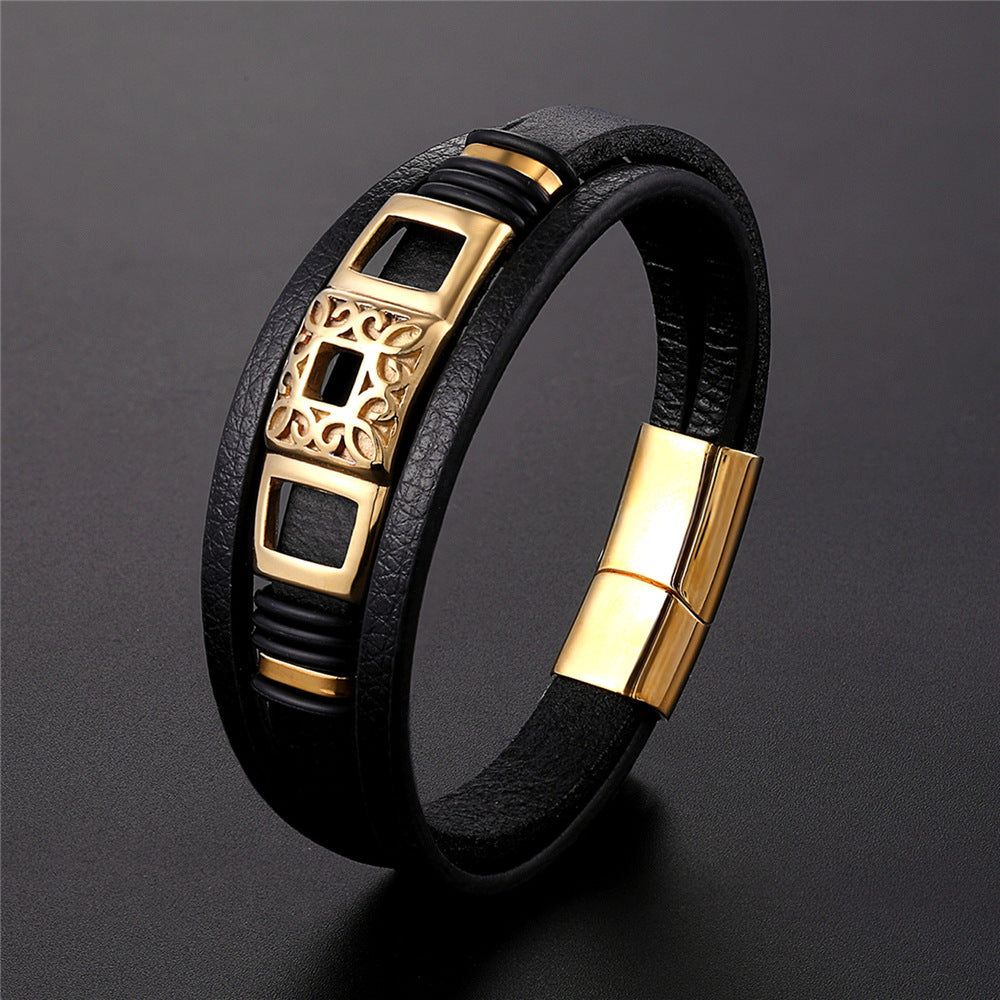 Simple Vintage Braided Leather Bracelet Titanium Steel Multilayer Men's Bracelet