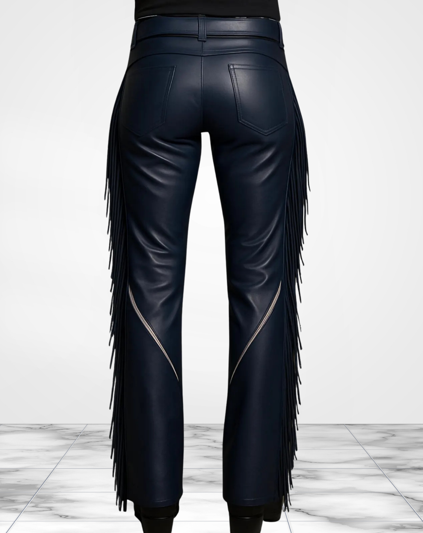 Blue Leather Fringe Chaps – Unisex Western Rodeo Pants – Handmade Cowboy Festival Riding Gear with Embroidery