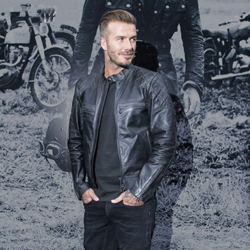 Handmade Men's distressed stand collar leather jacket