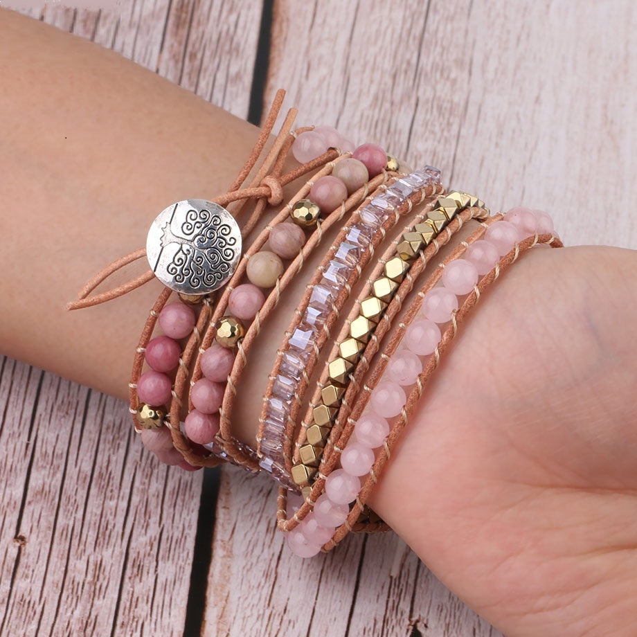 Natural Stone Bracelet Quartz Leather Wrap Bracelets For Women Rose Gems Beads Jewelry 5 Strand