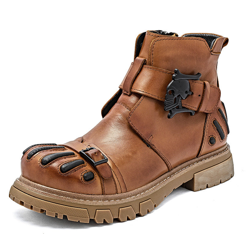 Men’s Punk Rock Martin Boots – Big Head Leather Tooling Combat Boots, Lace-Up Machinery Car Workwear Boots, Vintage Biker Footwear