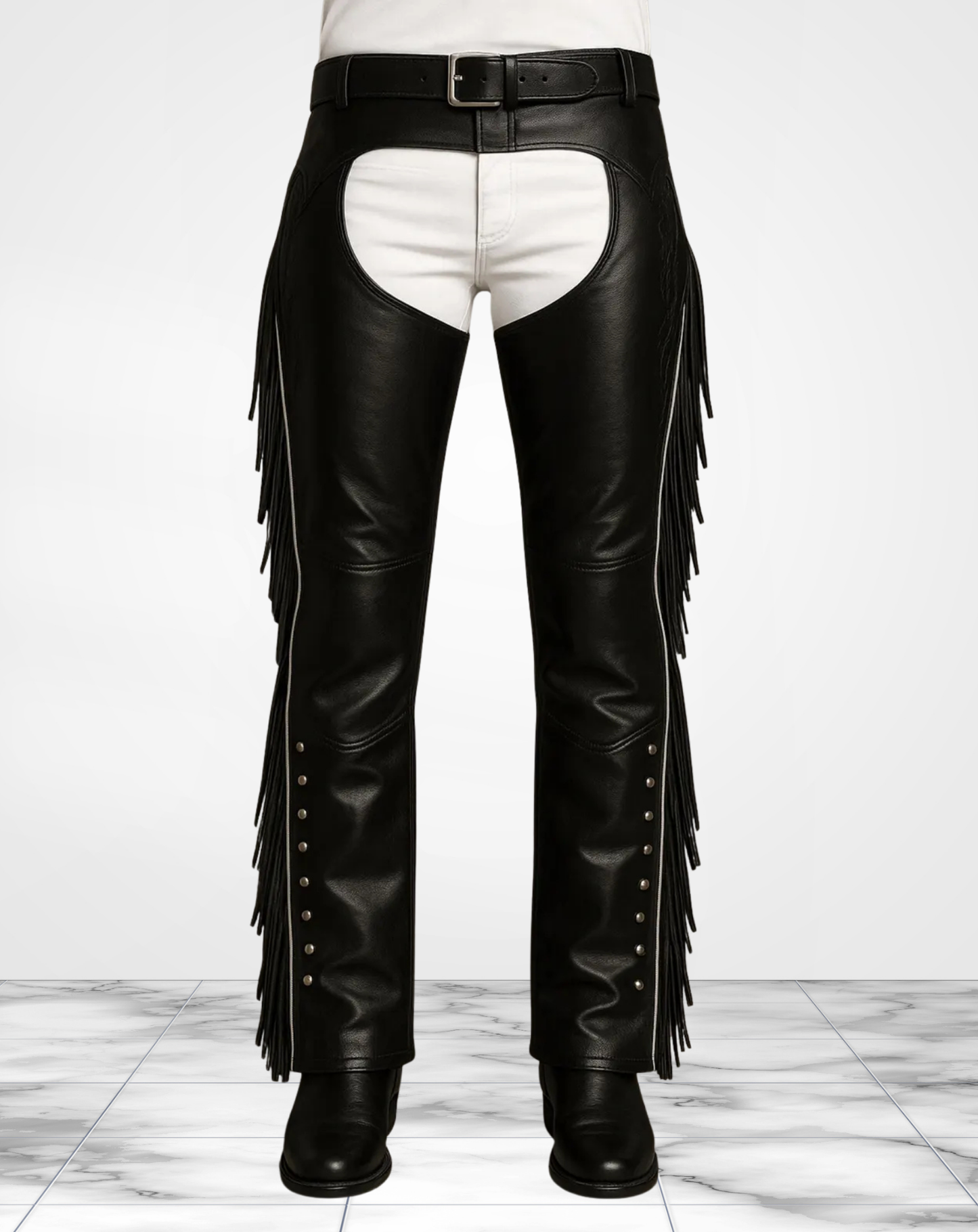 Men’s Black Leather Fringe Chaps Handmade Western Cowboy Riding Pants with Studded Sides, Tassel Detailing & Adjustable Waist Motorcycle