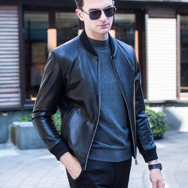 Handmade Leather men's baseball collar leather jacket