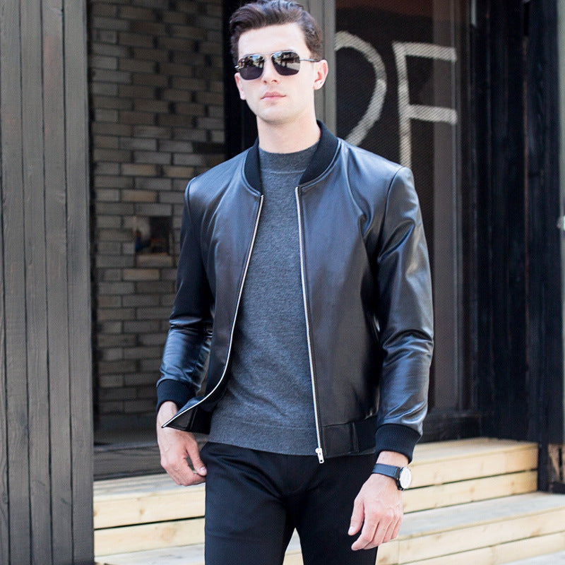 Handmade Leather men's baseball collar leather jacket