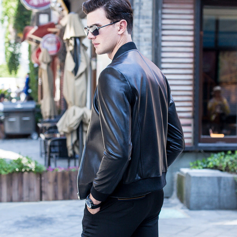 Handmade Leather men's baseball collar leather jacket