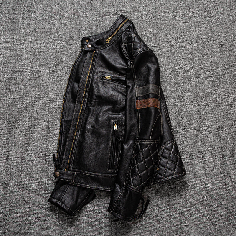 Handmade First Layer Cowhide Leather Coat Men's Stand Collar Motorcycle Cycling Clothing