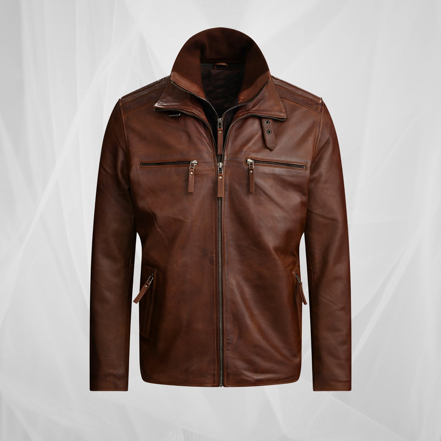 Vintage Brown Leather Jacket – Genuine Lambskin Cafe Racer, Stylish Zip-Up Biker Jacket, Classic Moto Bomber Coat, Soft Real Leather Outerwear