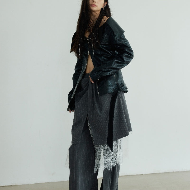 Handmade Large Lapel Off-shoulder Chapped Leather Narrow Jacket