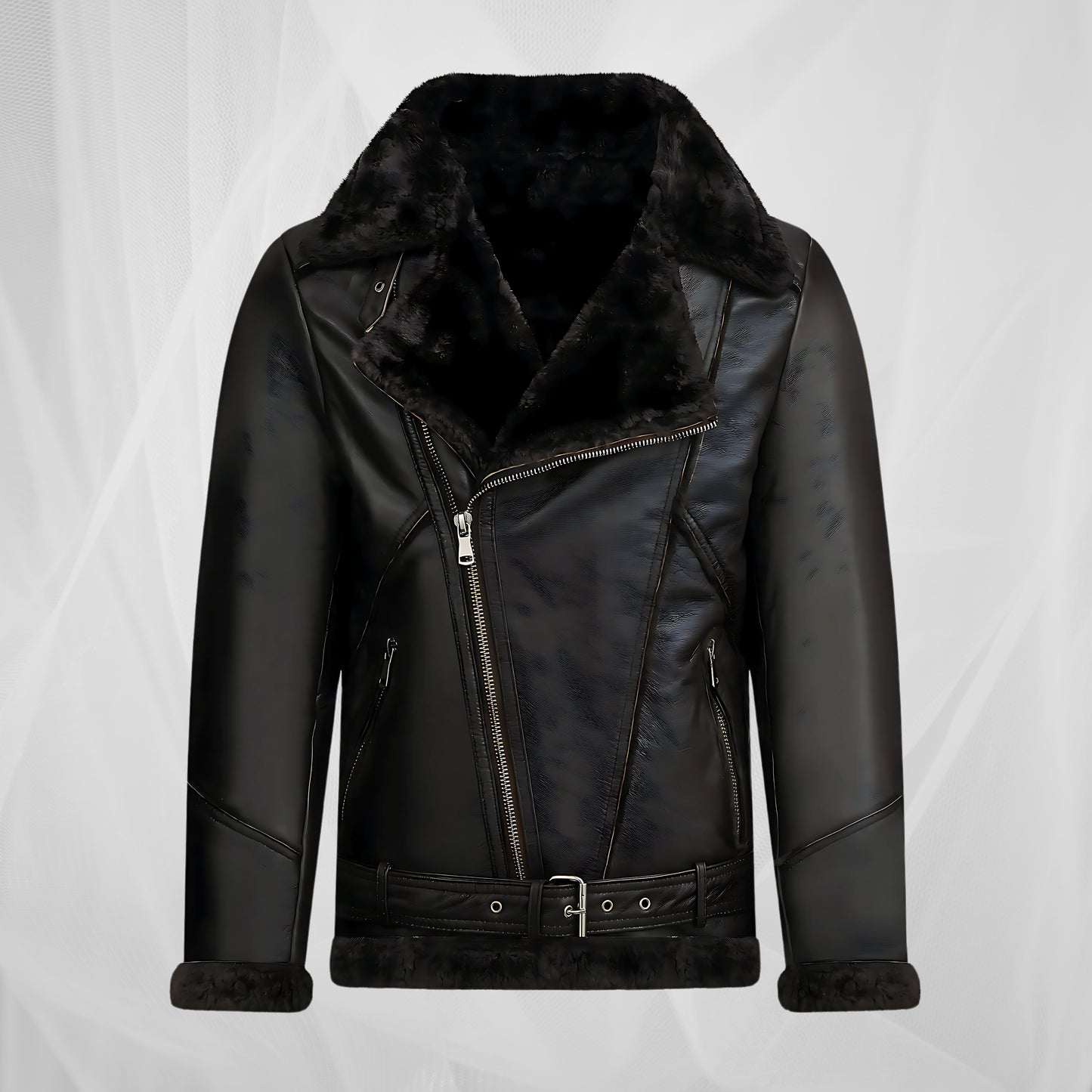 Men’s Black Shearling Leather Jacket – Winter Warm Fur-Lined Aviator Biker Coat, Vintage Pilot Bomber Jacket