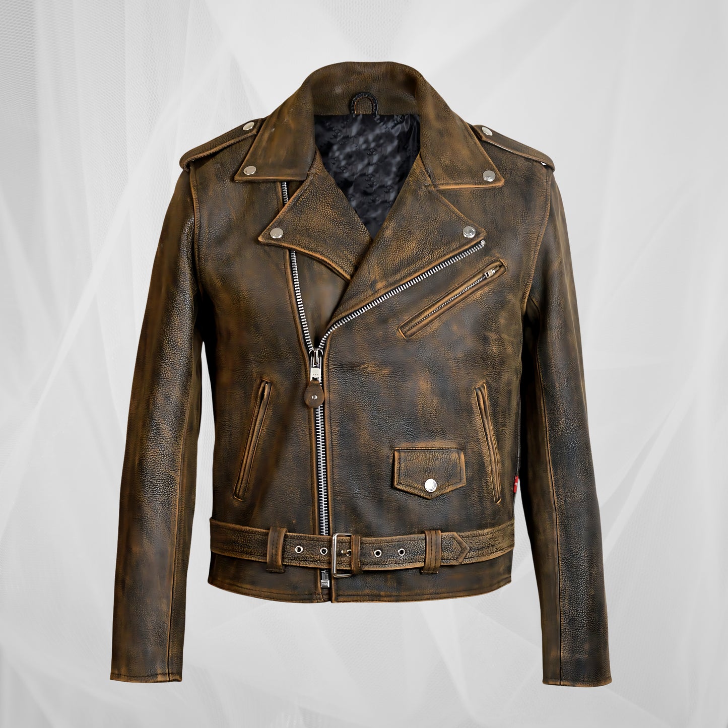 Rustic Brown Distressed Leather Moto Jacket – Men's Vintage Motorcycle Jacket with Belt & Zipper Accents