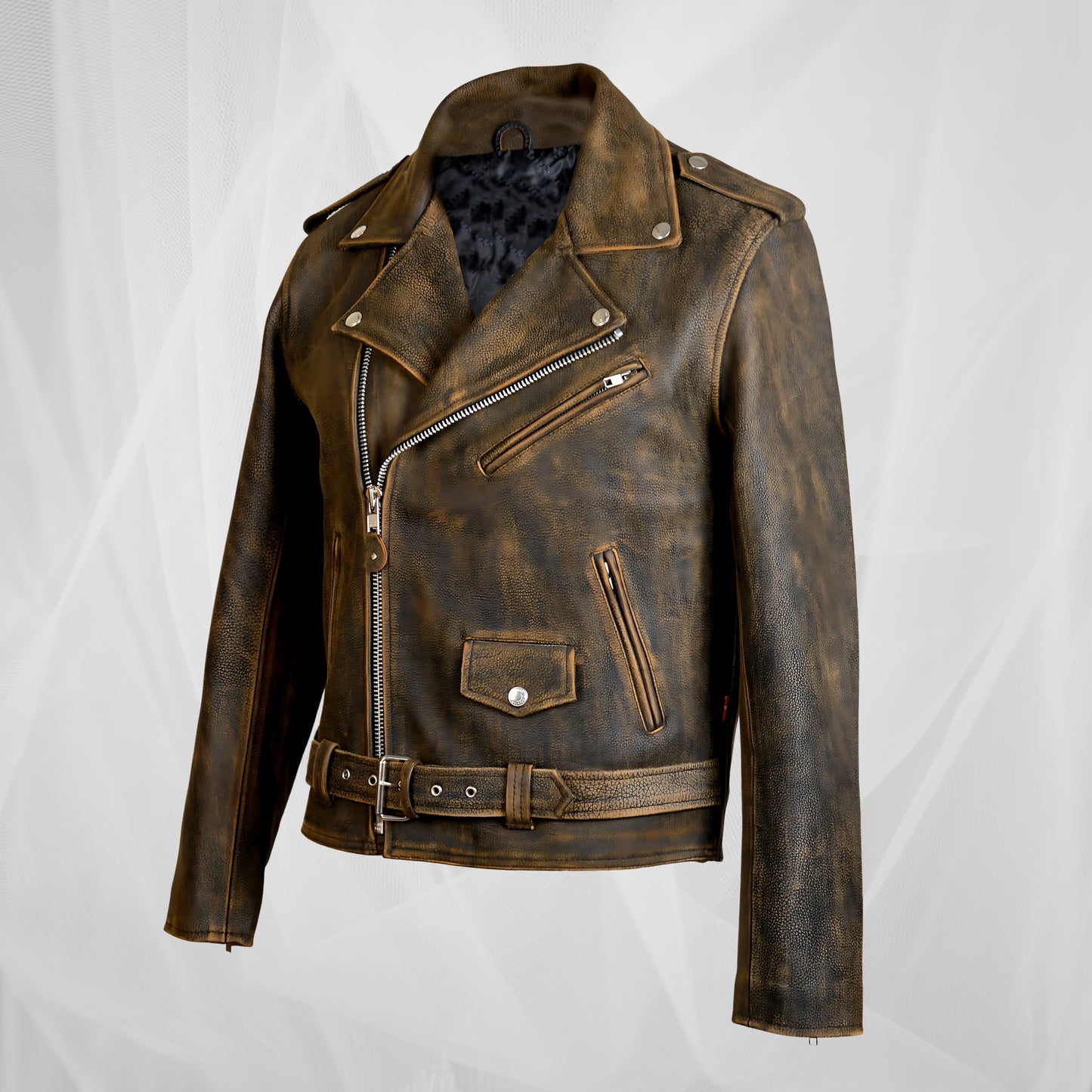Rustic Brown Distressed Leather Moto Jacket – Men's Vintage Motorcycle Jacket with Belt & Zipper Accents