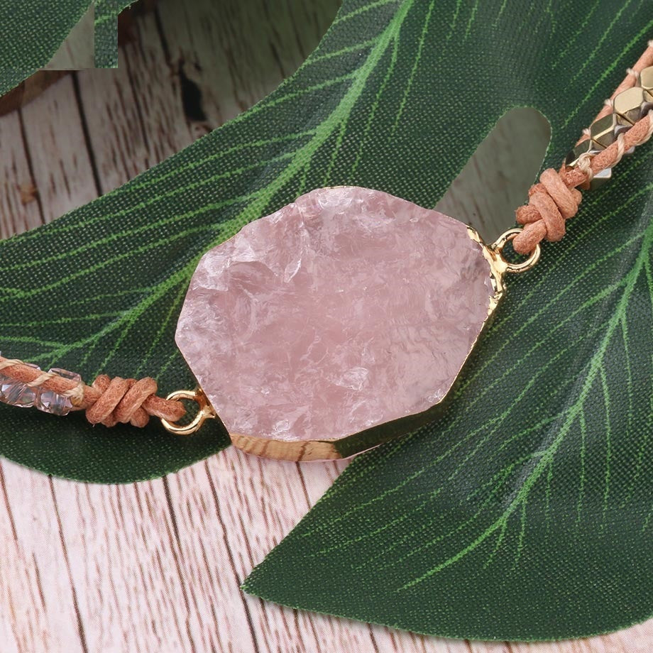 Natural Stone Bracelet Quartz Leather Wrap Bracelets For Women Rose Gems Beads Jewelry 5 Strand