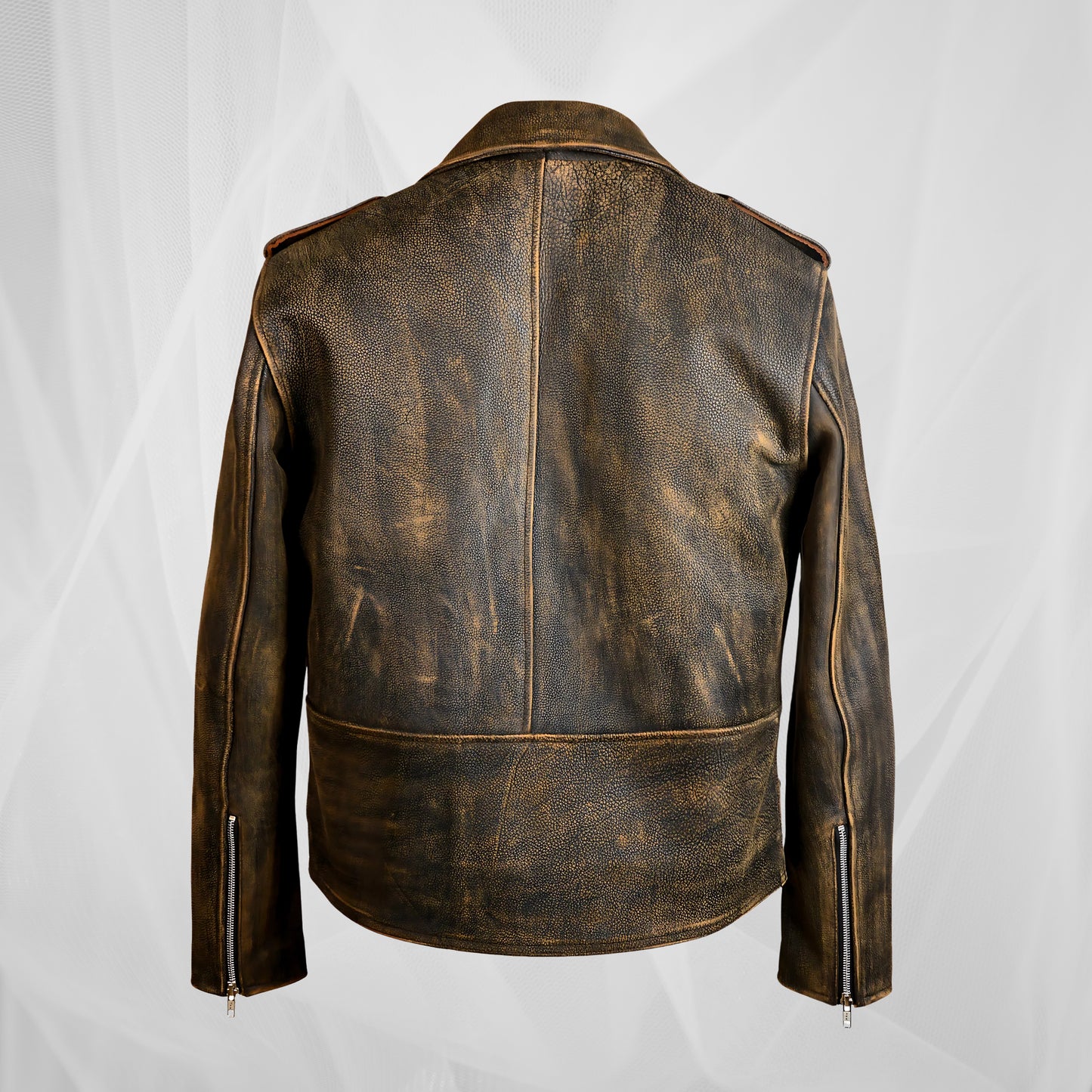 Rustic Brown Distressed Leather Moto Jacket – Men's Vintage Motorcycle Jacket with Belt & Zipper Accents
