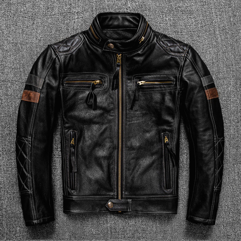 Handmade First Layer Cowhide Leather Coat Men's Stand Collar Motorcycle Cycling Clothing