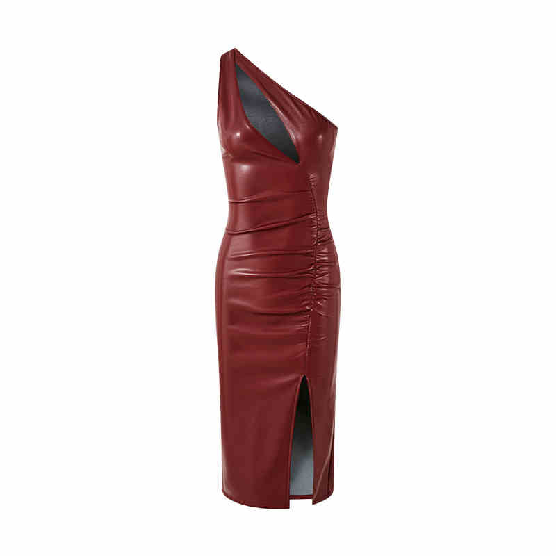 One Shoulder Irregular Pleated Side Slit Leather Skirt Dress