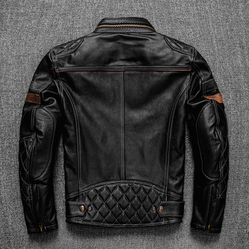 Handmade First Layer Cowhide Leather Coat Men's Stand Collar Motorcycle Cycling Clothing