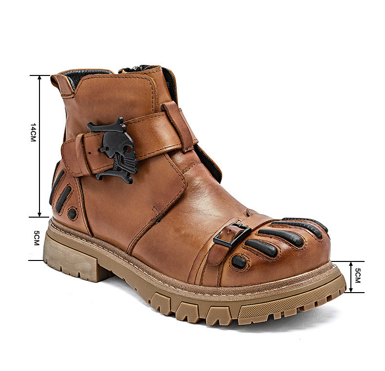 Men’s Punk Rock Martin Boots – Big Head Leather Tooling Combat Boots, Lace-Up Machinery Car Workwear Boots, Vintage Biker Footwear