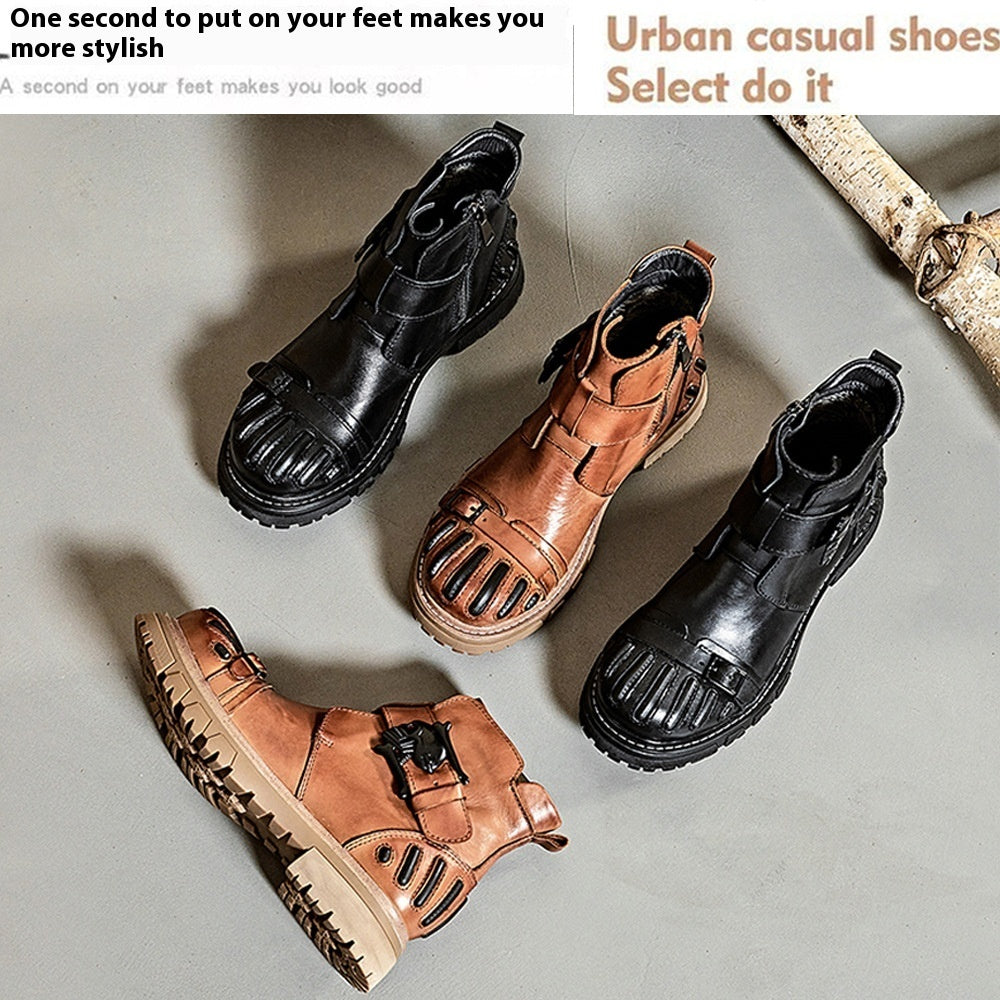 Men’s Punk Rock Martin Boots – Big Head Leather Tooling Combat Boots, Lace-Up Machinery Car Workwear Boots, Vintage Biker Footwear