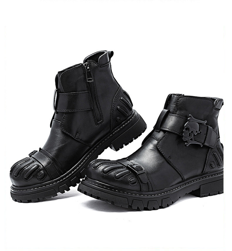 Men’s Punk Rock Martin Boots – Big Head Leather Tooling Combat Boots, Lace-Up Machinery Car Workwear Boots, Vintage Biker Footwear