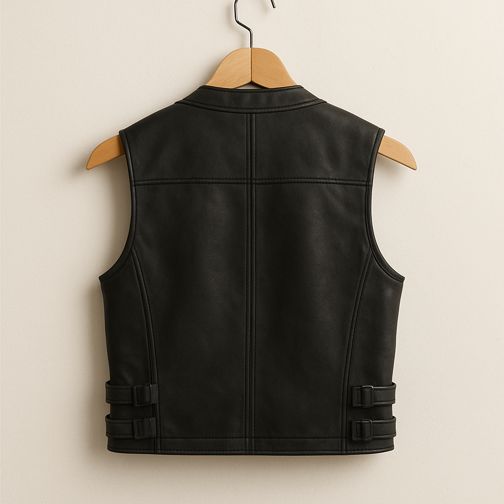 Men’s Black Leather Moto Vest – Lightweight Summer Biker Style, Sleeveless Streetwear Jacket