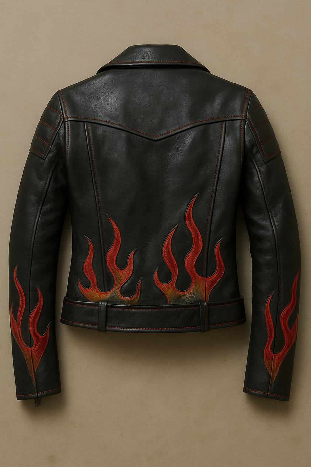Premium black biker leather jacket with flames design for Female - stylish motorcycle jacket with quilted sleeves and zipper details
