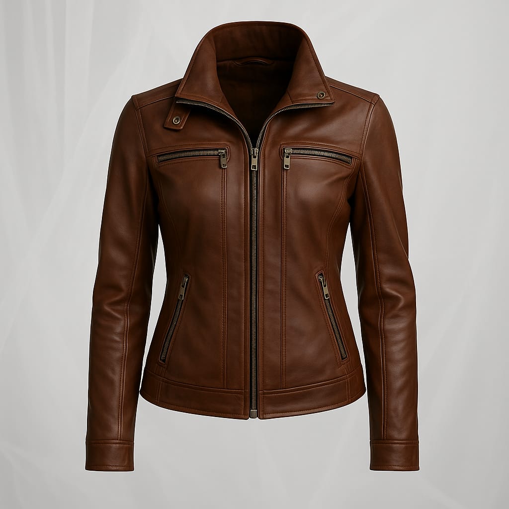 Handmade Vintage Brown Leather Jacket for female – Genuine Lambskin Cafe Racer, Stylish Zip-Up Biker Jacket, Classic Moto Bomber Coat, Soft Real Leather Outerwear