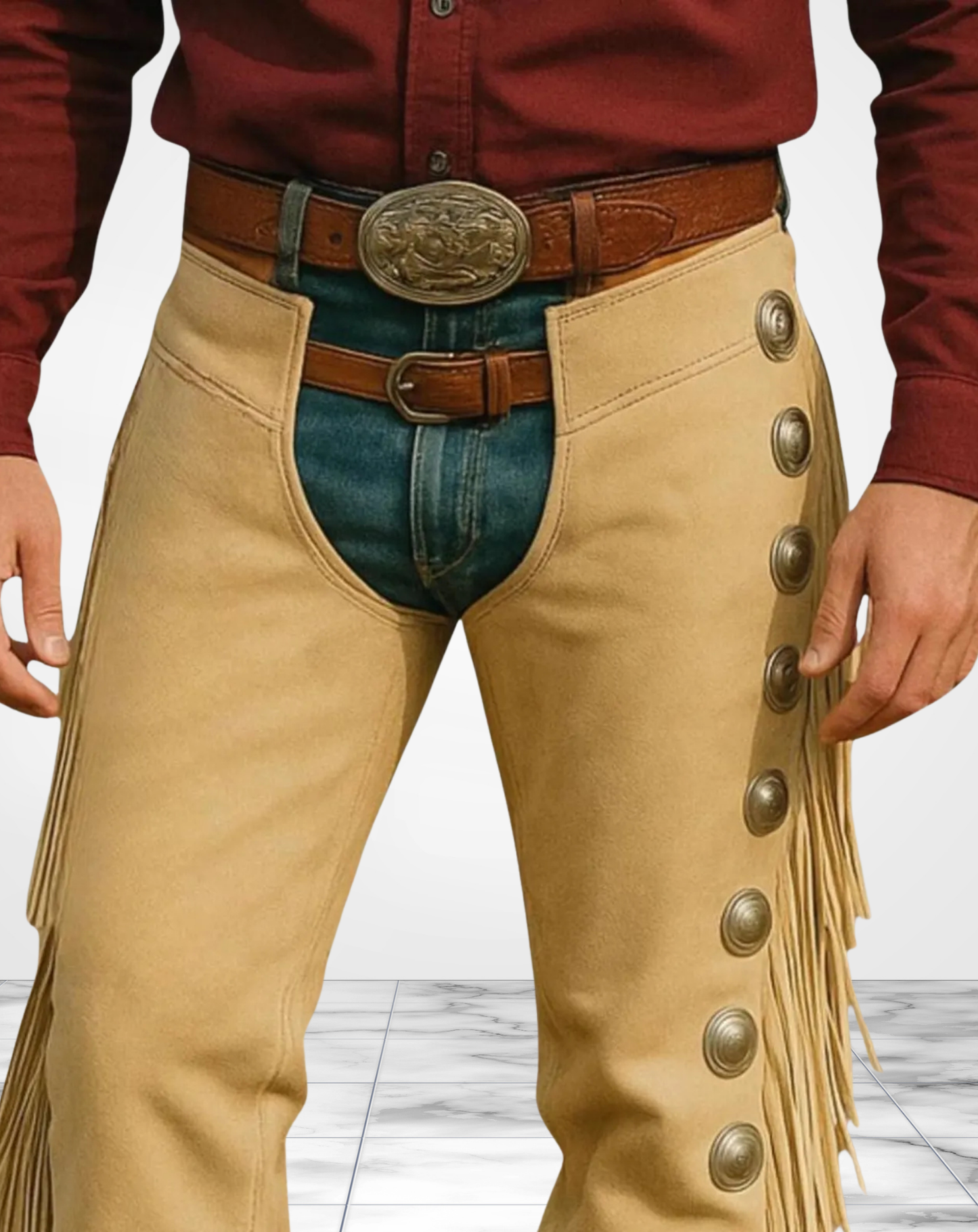 Handmade Suede Leather Fringe Chaps โ Western Rodeo Cowboy Pants with Conchos โ Vintage Country Festival Riding Gear