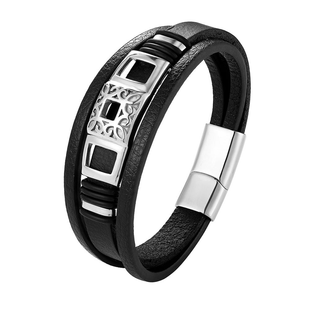 Simple Vintage Braided Leather Bracelet Titanium Steel Multilayer Men's Bracelet