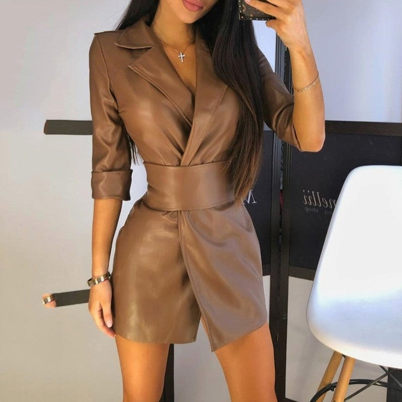 Solid Color Leather Suit Collar Medium Long Sleeve Women's Dress Leather Coat