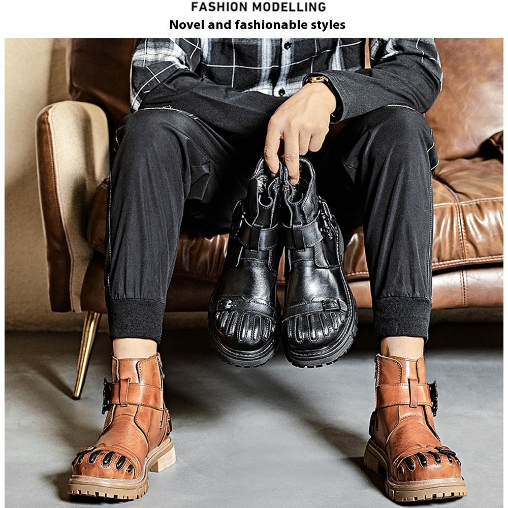 Men’s Punk Rock Martin Boots – Big Head Leather Tooling Combat Boots, Lace-Up Machinery Car Workwear Boots, Vintage Biker Footwear
