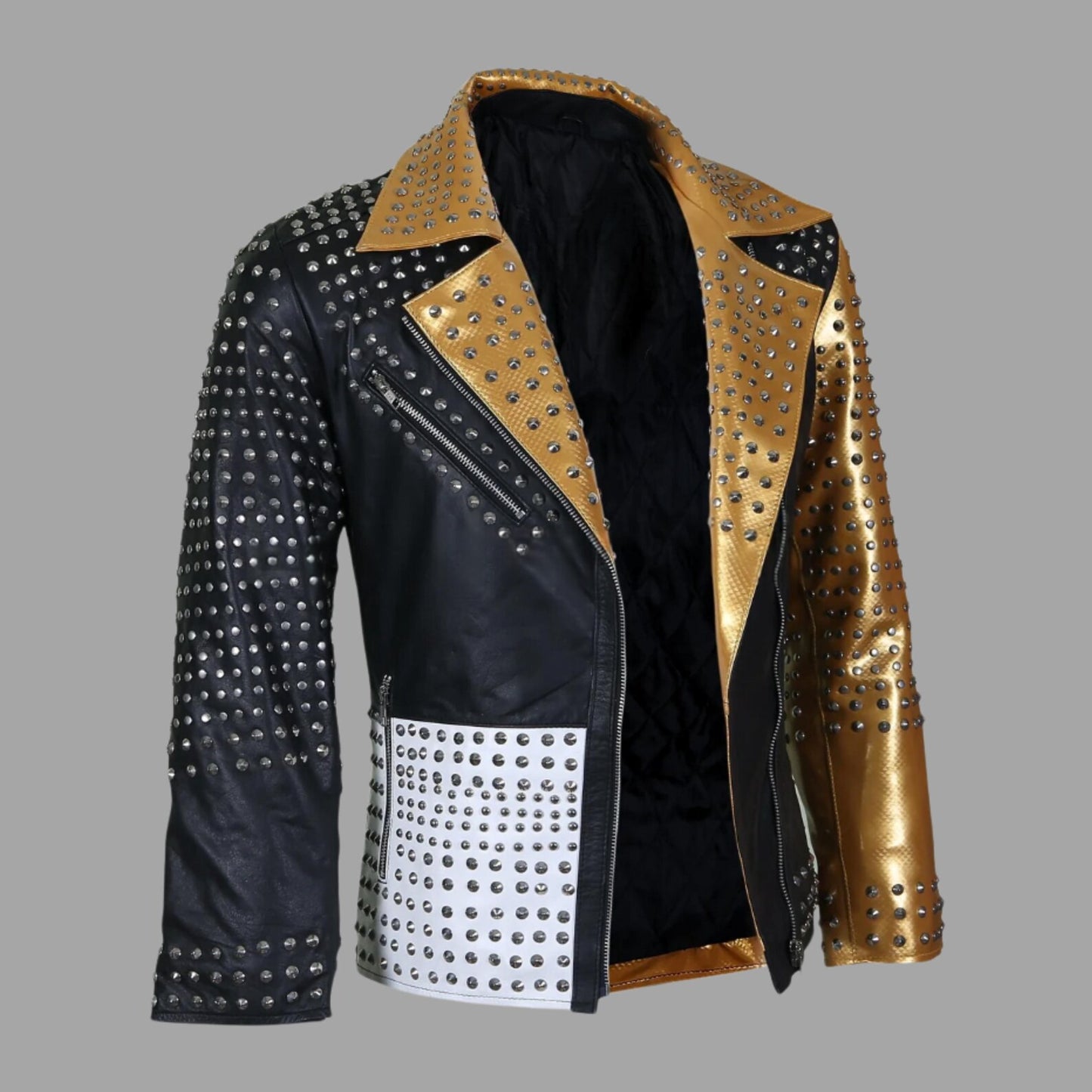 Handmade Studded Biker Genuine Leather Jacket – Gold Black White Punk Rock Motorcycle Coat, Handmade Spiked Stagewear, Rockstar Festival Outfit