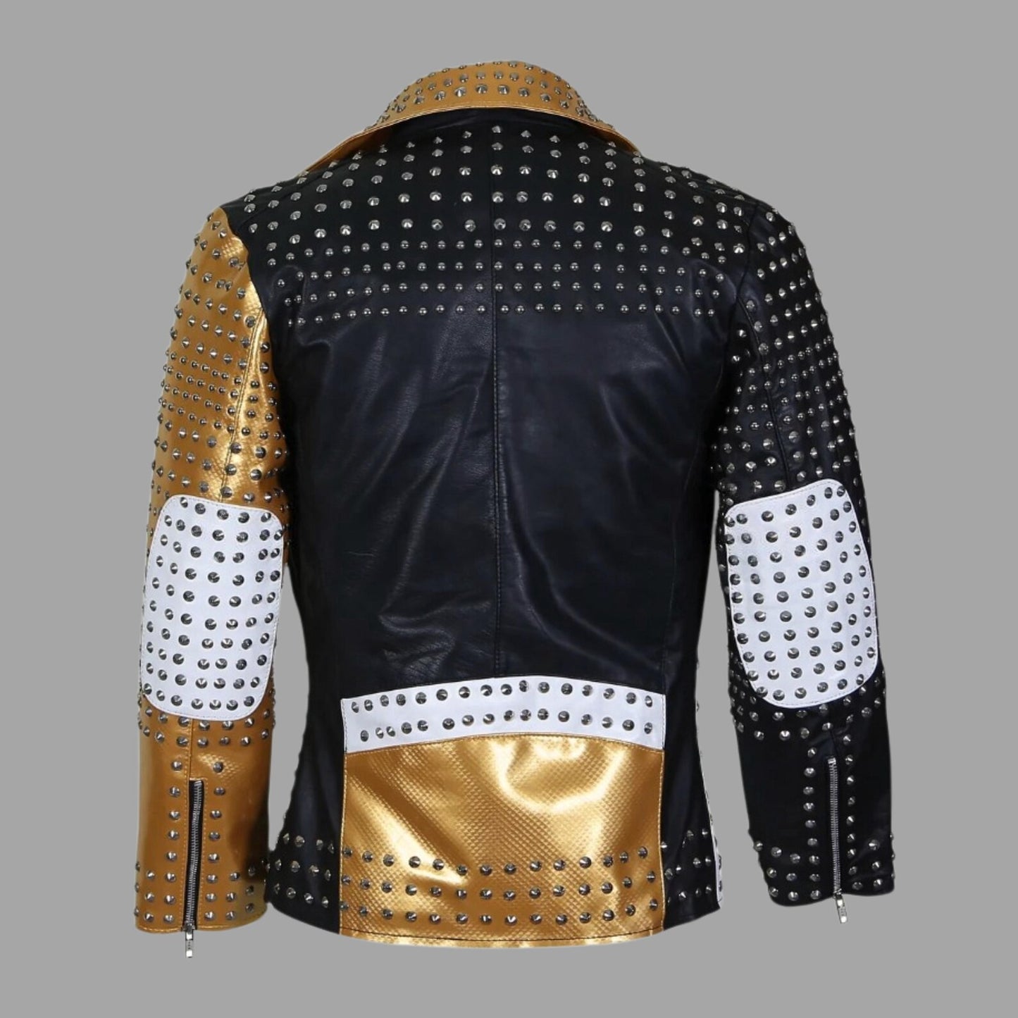 Handmade Studded Biker Genuine Leather Jacket – Gold Black White Punk Rock Motorcycle Coat, Handmade Spiked Stagewear, Rockstar Festival Outfit