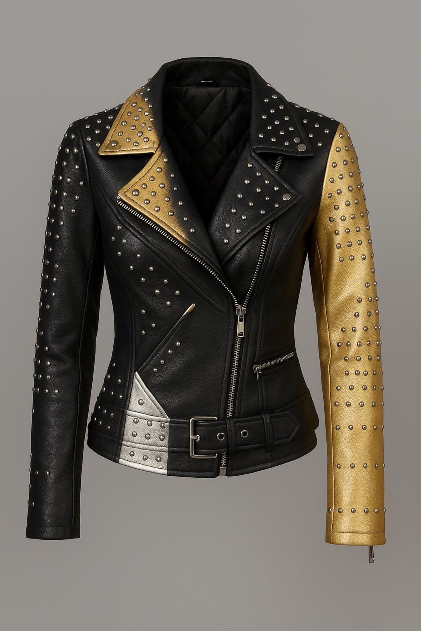 Handmade Studded Biker Leather Jacket for women – Gold Black White Punk Coat, Handmade Spiked Stagewear, Rockstar Festival Outfit