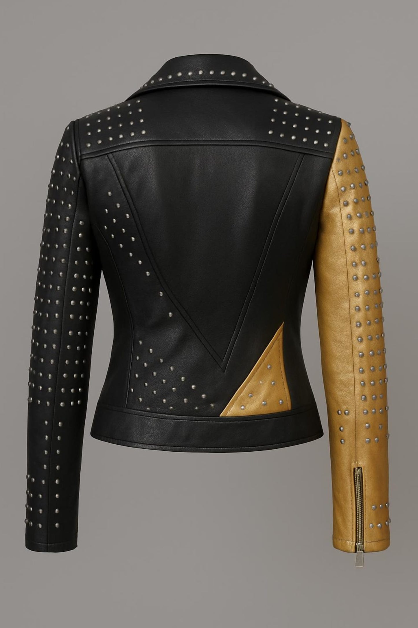 Handmade Studded Biker Leather Jacket for women – Gold Black White Punk Coat, Handmade Spiked Stagewear, Rockstar Festival Outfit