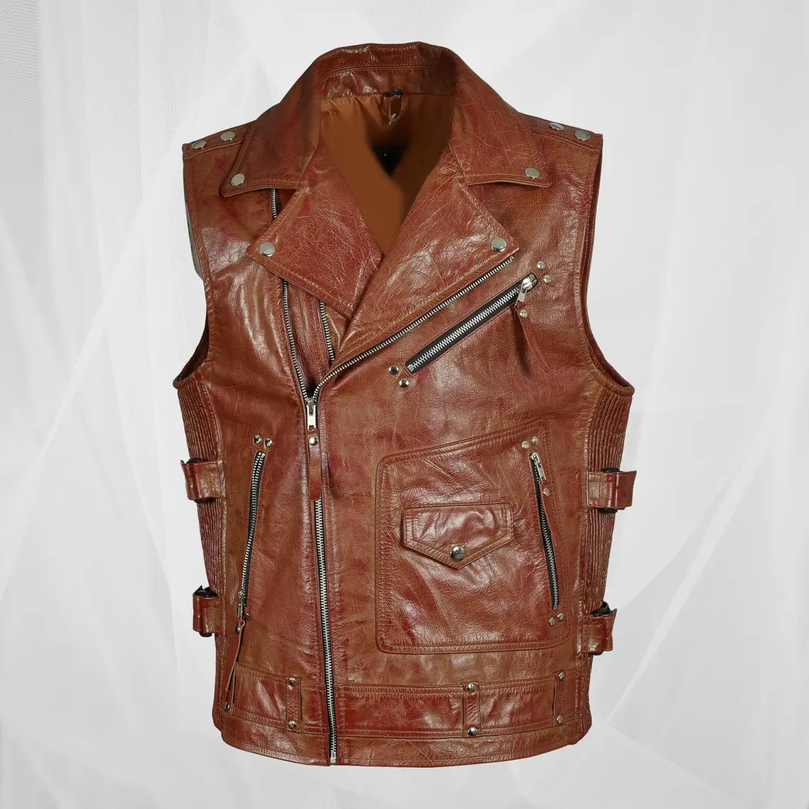 Handmade Premium vintage biker leather vest with rugged design and adjustable fit