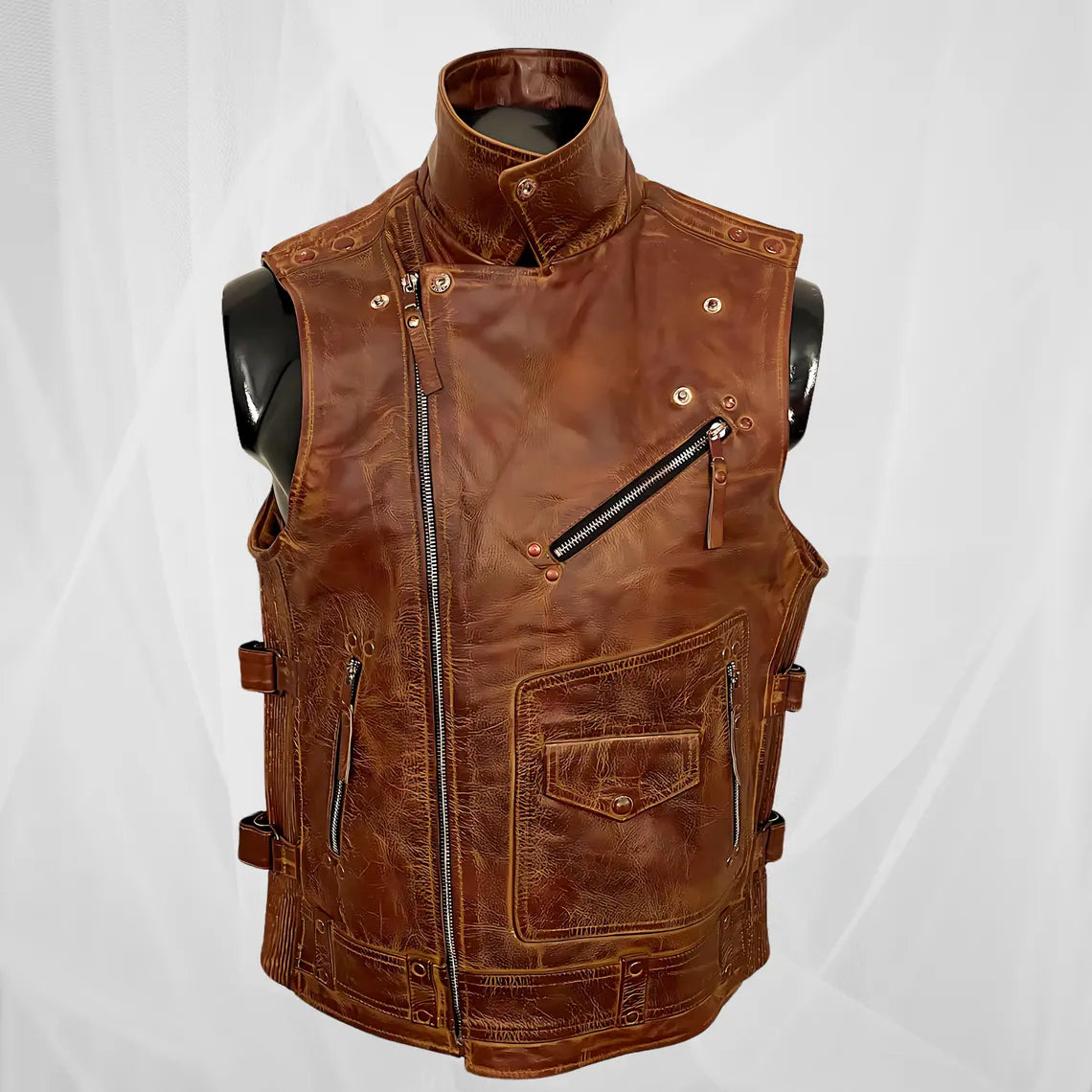 Handmade Premium vintage biker leather vest with rugged design and adjustable fit