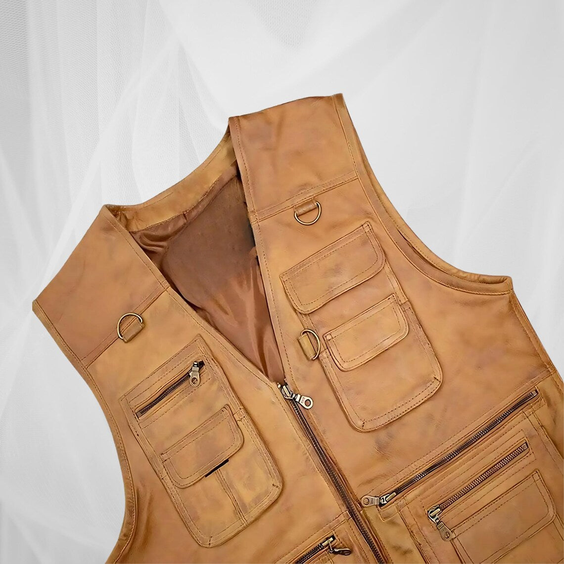 Men’s Tan Leather Utility Vest – Multi-Pocket Hunting Fishing Outdoor Travel Vest – Vintage Genuine Leather Safari Tactical Vest for Men