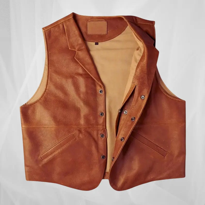 Men’s Genuine Leather Vest – Western Cowboy Waistcoat, Brown Vintage Formal Leather Gilet, Handmade Sleeveless Biker Jacket
