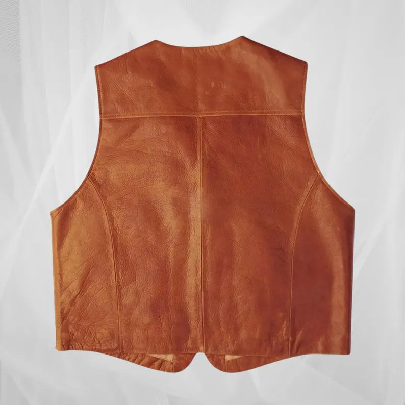 Men’s Genuine Leather Vest – Western Cowboy Waistcoat, Brown Vintage Formal Leather Gilet, Handmade Sleeveless Biker Jacket