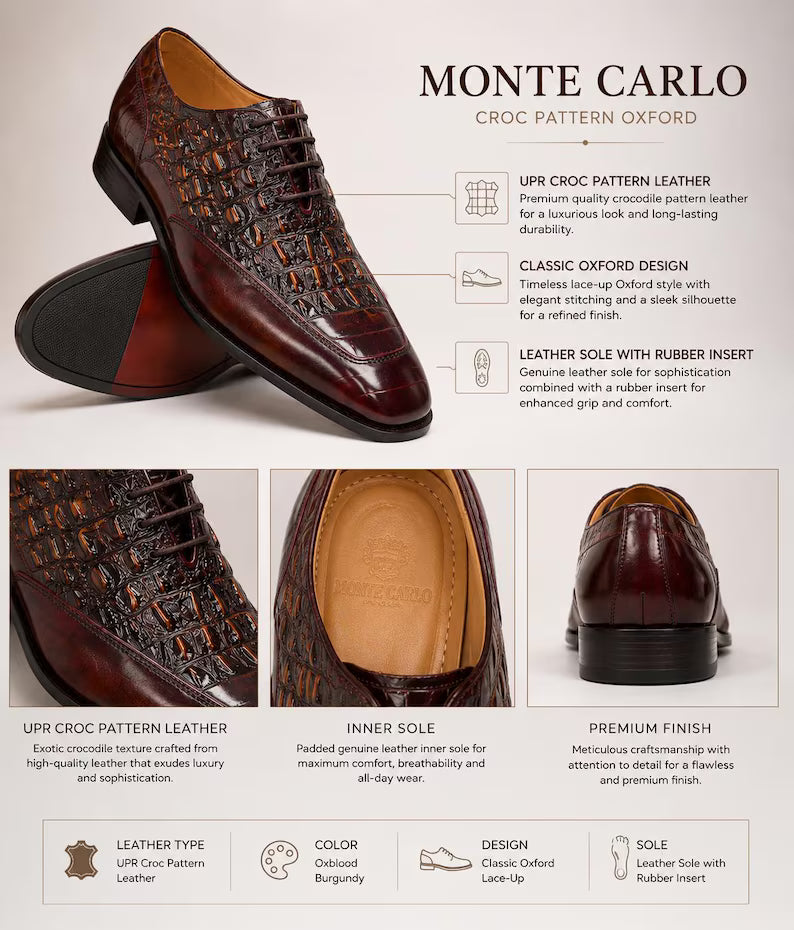 Handmade Genuine Leather Crocodile Embossed Oxford Dress Shoes for Men Luxury Brown Formal Shoes