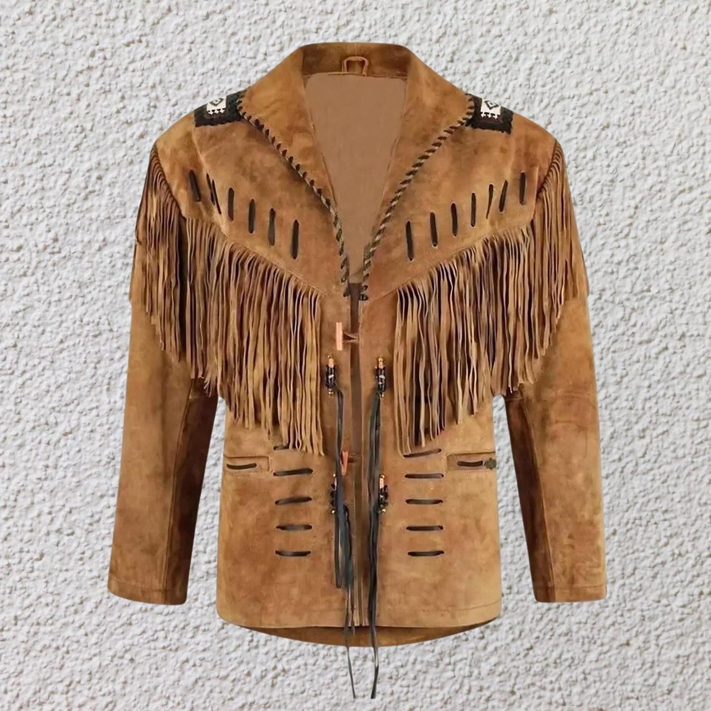 Handmade Men’s Vintage Western Suede Fringe Jacket – Tan Brown Cowboy Leather Coat with Beads – Handmade Hunter Style Outfit