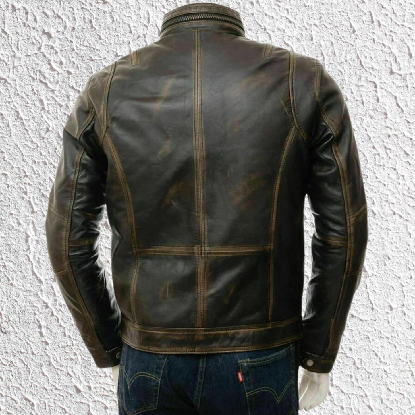 Handmade Men’s Distressed Brown Cafe Racer Leather Jacket, Vintage Motorcycle Biker Coat with Multiple Pockets
